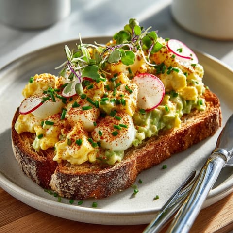 Creamy avocado egg salad toast with paprika, served warm for a satisfying vegetarian breakfast.