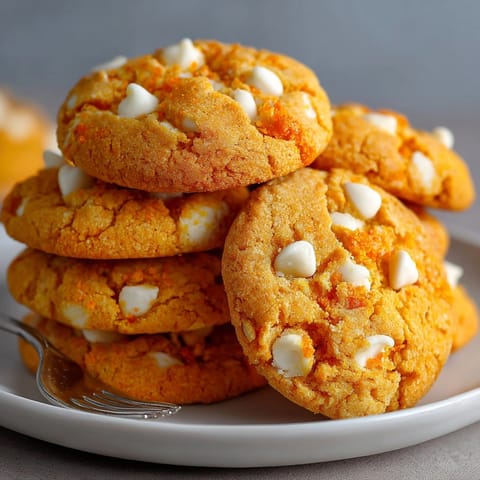 Chewy Creamsicle Orange Cookies with white chocolate chips beautifully stacked, ready for a sweet treat.