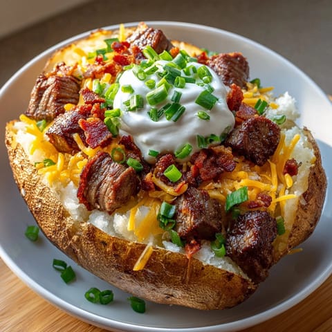 Juicy steak bites and creamy toppings piled on a fluffy Ultimate Loaded Baked Potato for a hearty meal
