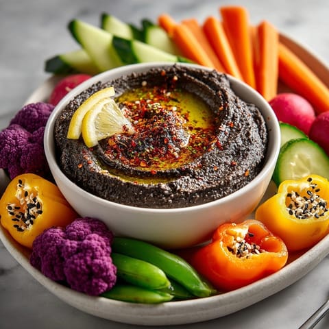 Creamy Black Bean Hummus recipe served as a festive dip with Halloween-themed veggie dippers.