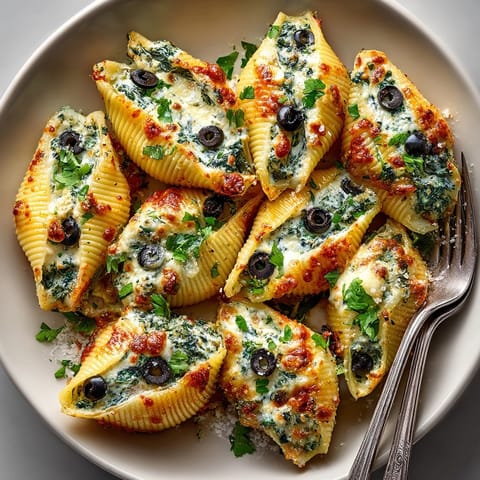 Festive Halloween Stuffed Shells filled with ricotta and spinach, decorated with olive &quot;ghosts.&quot;