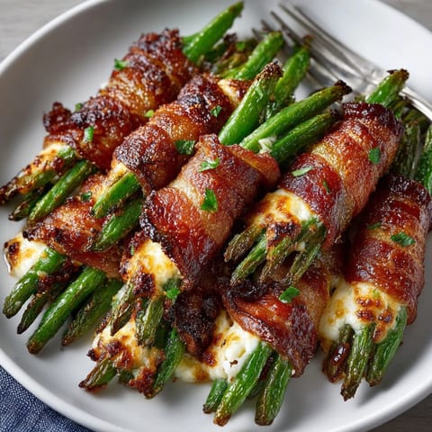 Close-up of baked Cheesy Bacon-Wrapped Green Bean Bundles, oozing melted cheese and crispy bacon.