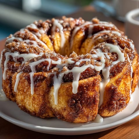 Warm, homemade Cinnamon Roll Wreath glistening with sweet icing, a comforting family treat.