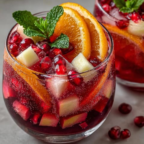 Homemade Cranberry Orange Sangria, chilled and bubbly, ready in beautiful glasses with fruit.