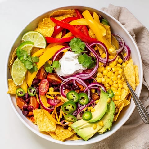 Overhead shot of a loaded Veggie Nacho Bowl, bursting with fresh cilantro and creamy avocado.