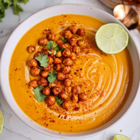 A bowl of vibrant Thai Pumpkin Soup, topped with crunchy spiced chickpeas.