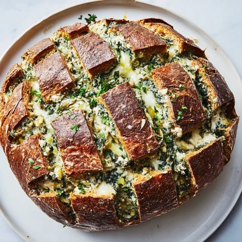 Golden, bubbling Alfredo Spinach Artichoke Bread&mdash;imagine savory, creamy filling oozing from each slice.
