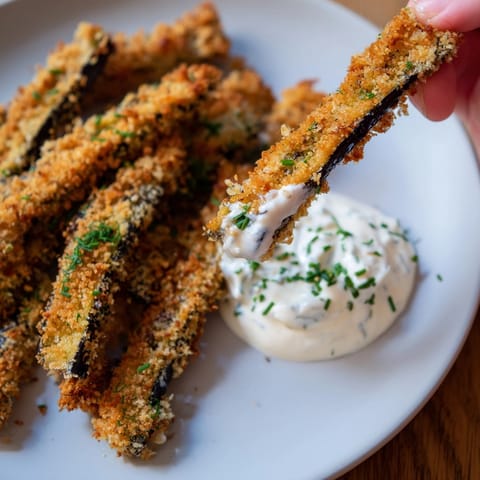 Oven-baked Cajun Eggplant Fries plated next to a fresh and tangy ranch dressing.