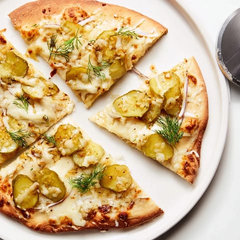 Golden-brown Pickle Pizza garnished with fresh dill and delicious melted mozzarella cheese.  