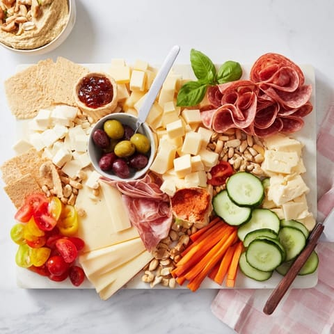 Delicious assortment on the Girl Dinner Platter showcases cheeses and fresh vegetables.  