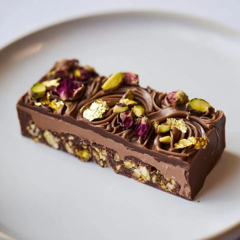 Indulge in rich Chocolate Bar Inspired Creations with crunchy pistachio and rose petal garnish.  