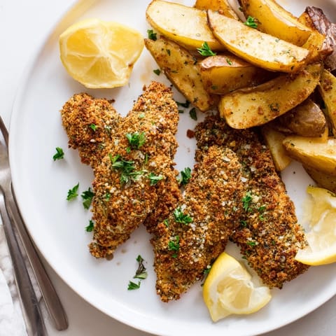 Golden-brown potato wedges paired with aromatic herbed chicken tenders for family feasting.  