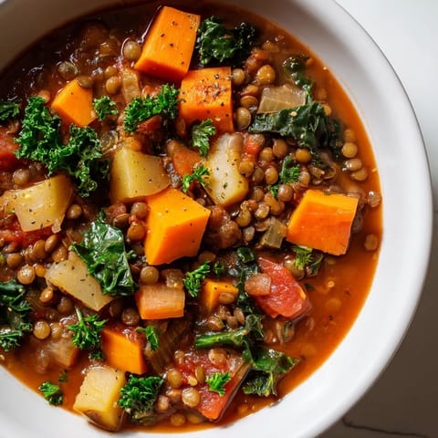 Warm, flavorful Winter Vegetable & Lentil Soup featuring vibrant carrots and tender, simmered lentils.