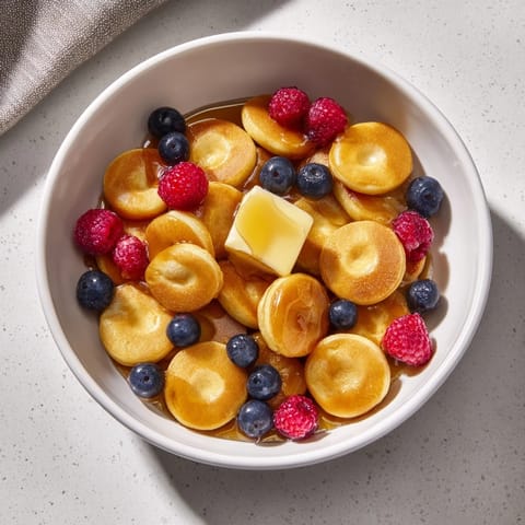 Small, golden brown Pancake Cereal is served in a bowl, ready to be enjoyed as a treat.