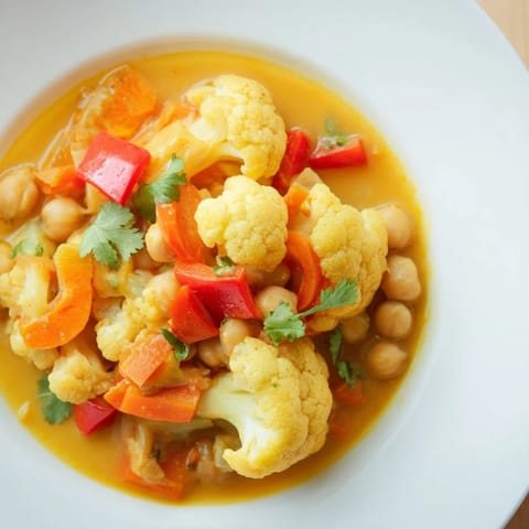 A close-up of a flavorful Curried Cauliflower and Chickpea Coconut Stew with vibrant vegetables and spices.