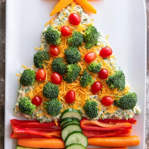 Festive Simplified Christmas Tree Dip arranged on a platter, perfect for holiday snacking with crackers.