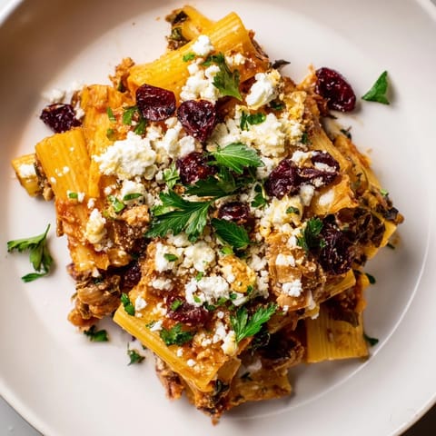 Savory Cranberry-Sage Feta Pasta Bake, loaded with tangy feta and baked to golden perfection in a dish.