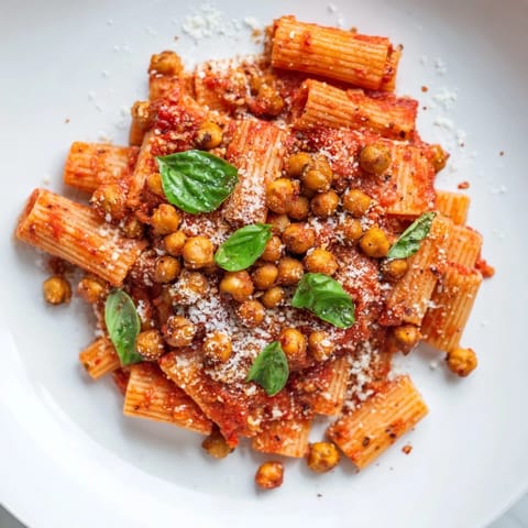 The delicious aroma of Spicy Arrabbiata Roasted Chickpea Crunch Pasta fills the air, ready to be enjoyed.
