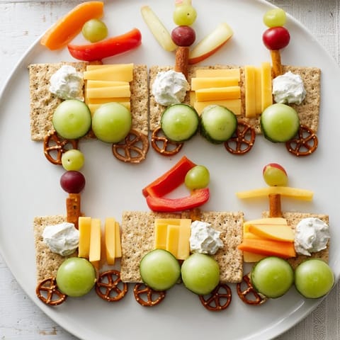 Whimsical Choo Choo Train Snack Track loaded with colorful fruits, veggies, and cheese, ready to eat.