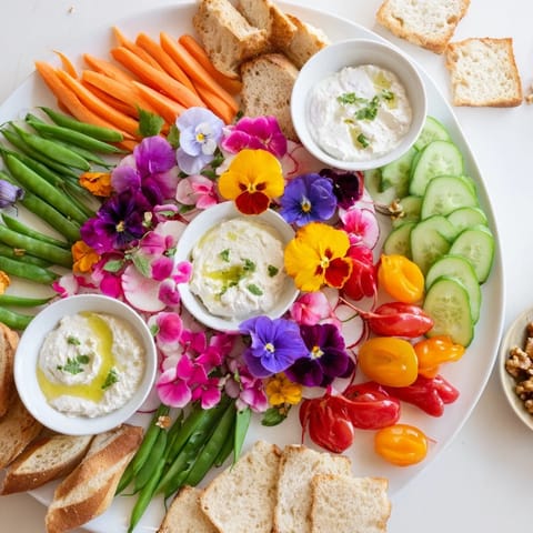A vibrant fairy garden platter with edible flowers, crunchy veggies, and creamy dips.