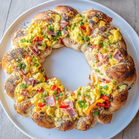 Fluffy scrambled eggs, ham, and cheese inside this Wreath-Shaped Egg and Ham Bake wreath, baked beautifully.