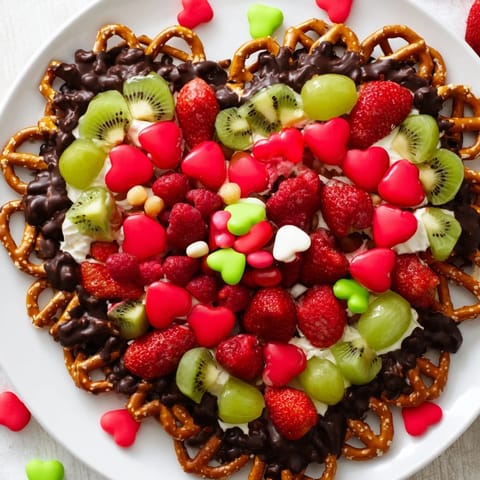 A tempting Grinch Heart Pretzel Board with colorful fruits, candies, and sweet dips for snacking.