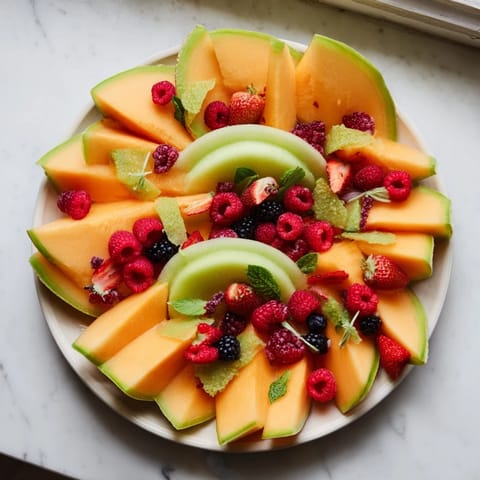 This simple fruit platter features layered melon and bright berries: a refreshing appetizer ready to serve.