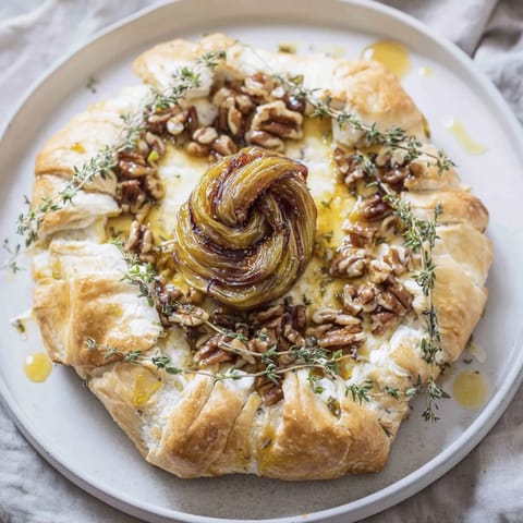 Warm, gooey Baked Brie with fig jam, wrapped in flaky pastry, ready to enjoy with crackers.