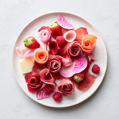 Enjoy a stunning Pink Petal Watercolor Wash, featuring thinly sliced radishes and berries for a colorful presentation.