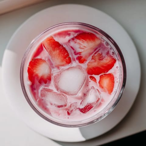 Homemade Copycat Pink Drink, a vegan treat: See the ice, strawberries, and coconut milk blend perfectly.
