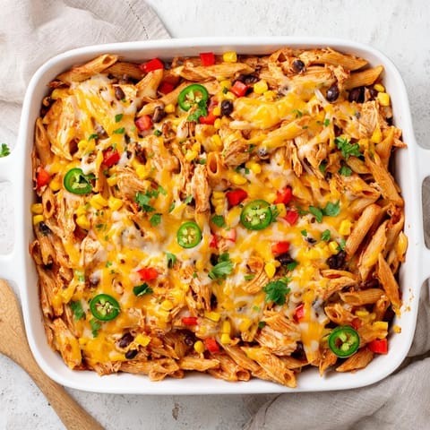A hearty serving of Chicken Burrito Pasta Bake, topped with fresh cilantro and jalapeños.