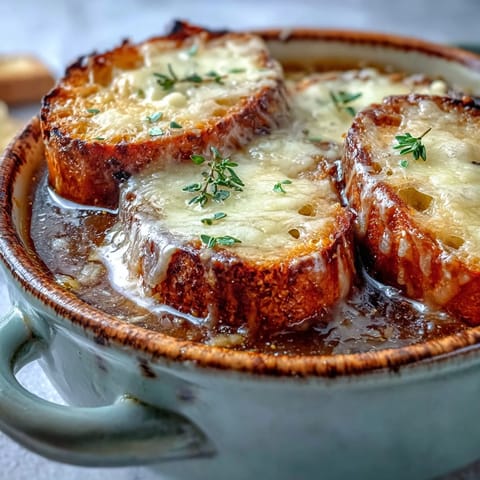 Golden melted Gruyère crowns bubbling Dutch oven French onion soup.