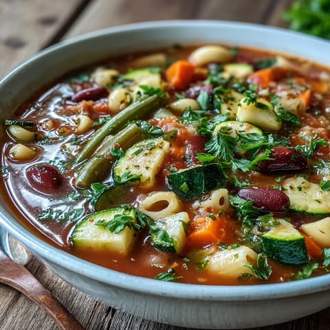 Hearty minestrone soup with colorful vegetables and pasta, perfect for a cozy dinner.