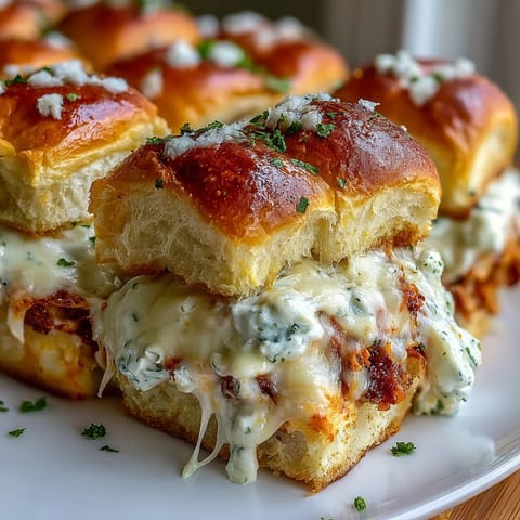 A close-up view of a Pizza Dip Slider split open, revealing a creamy, spicy Buffalo chicken filling and melted cheese inside the buns.