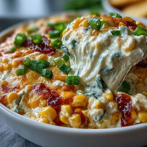 Cheesy Crack Corn Dip with golden edges, spooned from a baking dish ready for a game day snack.