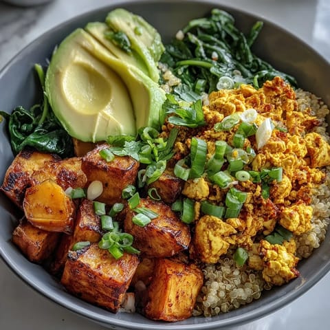 Freshly prepared Tofu Scramble Vegan Breakfast Bowl topped with sautéed spinach, fluffy quinoa, and sliced green onions.