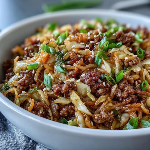 Hearty Egg Roll in a Bowl topped with sesame seeds and green onions, served hot from the wok.