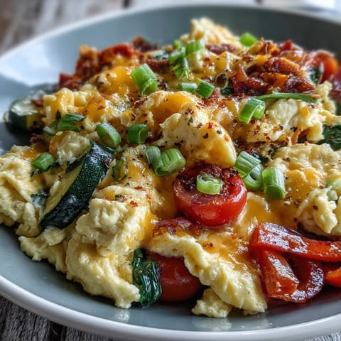 Fluffy scrambled eggs with melted cheddar and sautéed vegetables in a bright breakfast bowl.