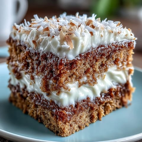 A slice of Vegan Hojicha Latte Cake with coconut frosting and toasted flakes next to a warm matcha latte.