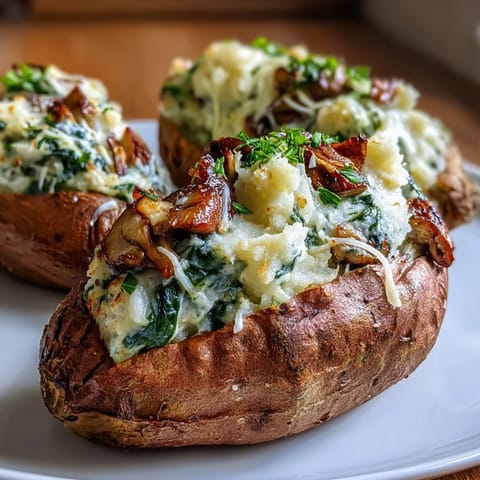 Warm Creamy Mushroom and Spinach Stuffed Sweet Potatoes served alongside a crisp green salad on a rustic table.