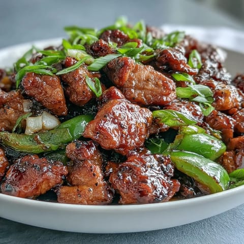 Tender Black Pepper Chicken pieces and crisp bell peppers served over fluffy white rice.