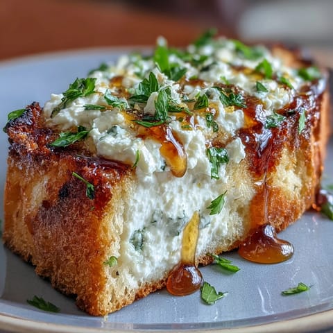 Sliced Hot Honey Ricotta Garlic Bread on a white plate, drizzled with glossy spicy honey and parsley garnish.