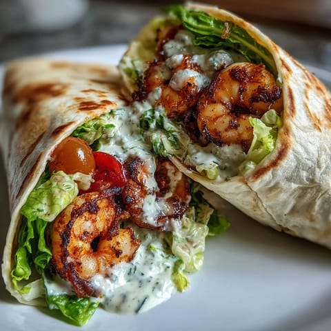 Sliced Grilled Shrimp Caesar Wraps show charred shrimp, shaved Parmesan, and crunchy croutons on a rustic wooden board.