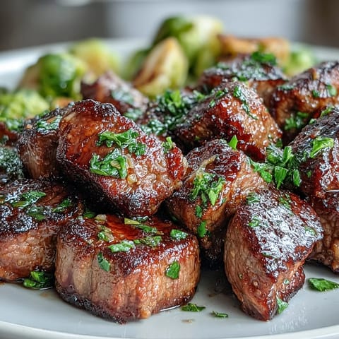 Golden-brown steak bites glazed in lemon garlic butter, served with crispy roasted Brussels sprouts on a rustic platter.