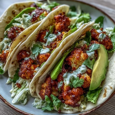 Golden-baked crispy buffalo cauliflower tucked into a warm flour tortilla with creamy vegan ranch slaw and avocado slices.