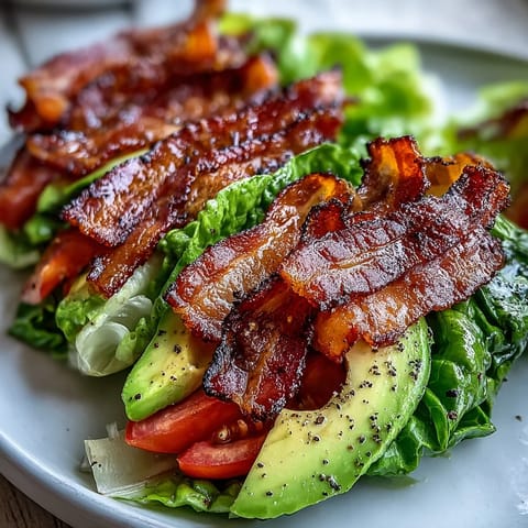 Crispy bacon, ripe avocado, and juicy tomato wrapped in fresh lettuce with creamy garlic mayo and cracked black pepper.  
