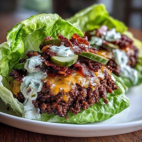A mouthwatering keto cheeseburger wrapped in fresh lettuce, layered with melted cheddar, dill pickles, and a smoky secret sauce that elevates every bite.  
