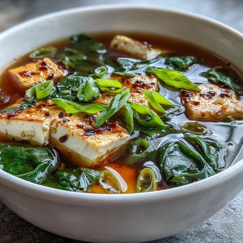 A steaming bowl of miso soup with tofu, spinach, and green onions in savory broth.  
