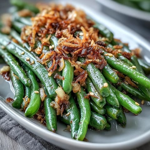 Aromatic sesame garlic green beans with a savory glaze, garnished with toasted sesame seeds and crispy fried onions.