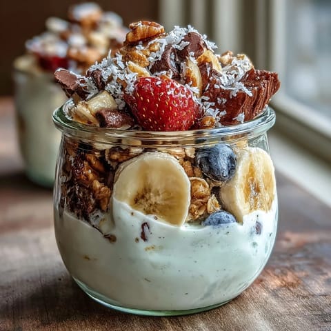 Nutritious breakfast jar featuring creamy Greek yogurt, sliced bananas, and chocolate chips, perfect for an energizing start to your day.  
